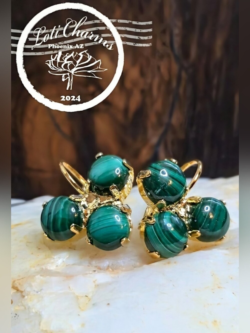 Genuine Congolese Malachite In Three Stones Gold Plated Classic Earrings